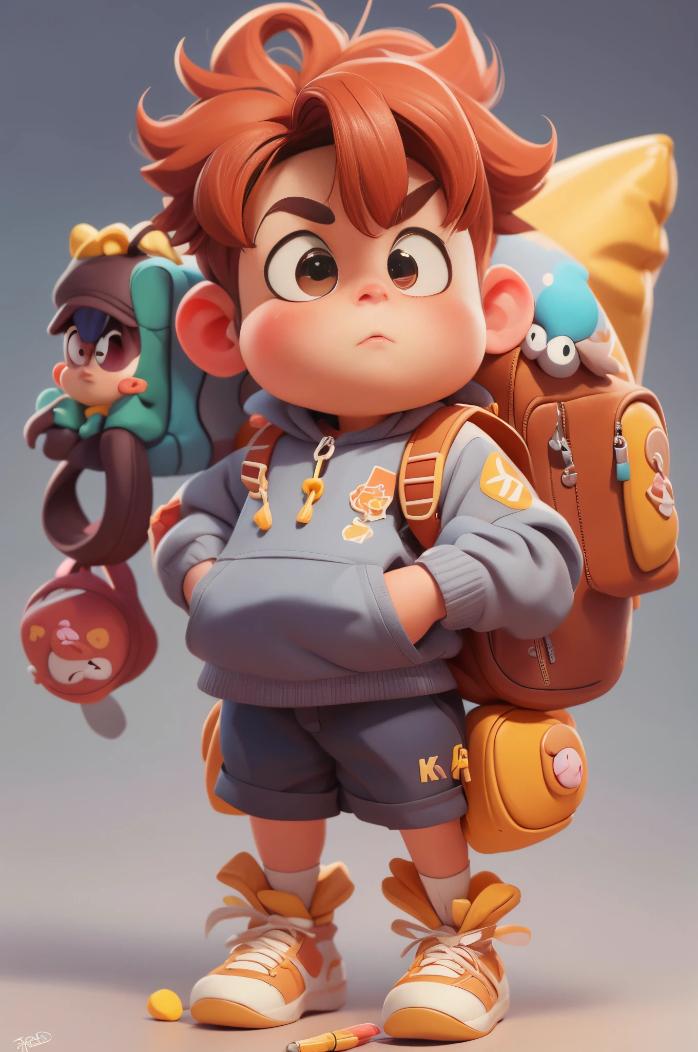 (best quality,4k,8k,highres,masterpiece:1.2),ultra-detailed,(realistic,photorealistic,photo-realistic:1.37),cartoon character with backpack on a gray background, Guviz style artwork, highly detailed character, anime-style 3D, algorithmic anime, Rothko-style, cute and intricate digital art, highly detailed character design, Rothko-style, close-up of character, realistic anime 3D style, children's art station
