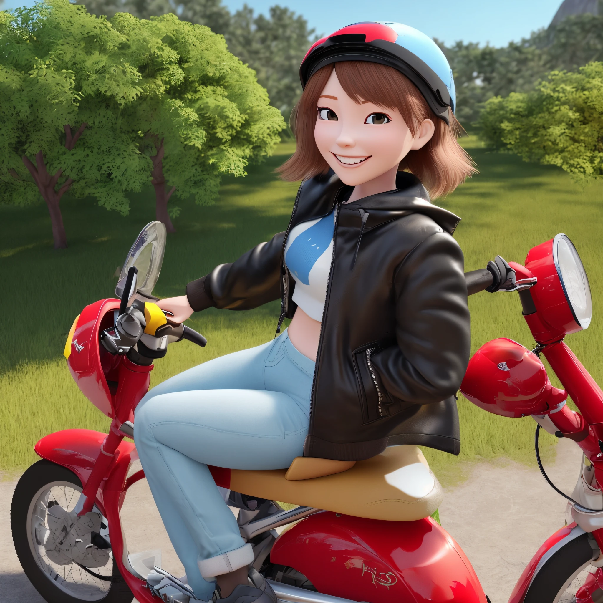 create a disney pixar movie featuring a girl wearing a black jacket, light blue pants and yellow crocs, the having a black backpack while sitting in the red motorcycle holding a red helmet the hair is on the left side while smiling in front of the camera the back ground is a high way and tree and having a square rock. make it a 3d image