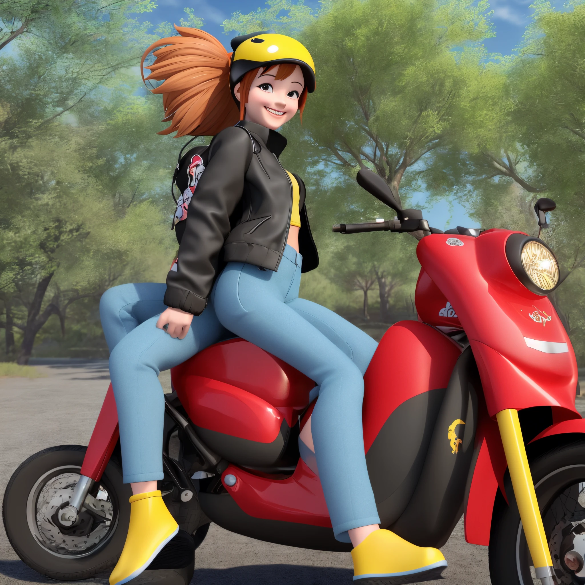 create a disney pixar movie featuring a girl wearing a black jacket, light blue pants and yellow crocs, the having a black backpack while sitting in the red motorcycle holding a red helmet the hair is on the left side while smiling in front of the camera the back ground is a high way and tree and having a square rock. make it a 3d image