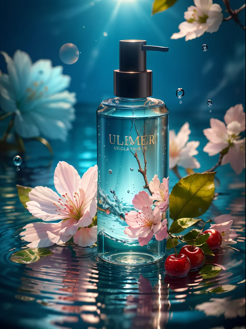 (best quality, 4k, 8k, high resolution, masterpiece), ultra-detailed, photorealistic, blender, makeup bottle, cherry blossom wrapped around, blue sky background, water, sunlight, low perspective, product rendering