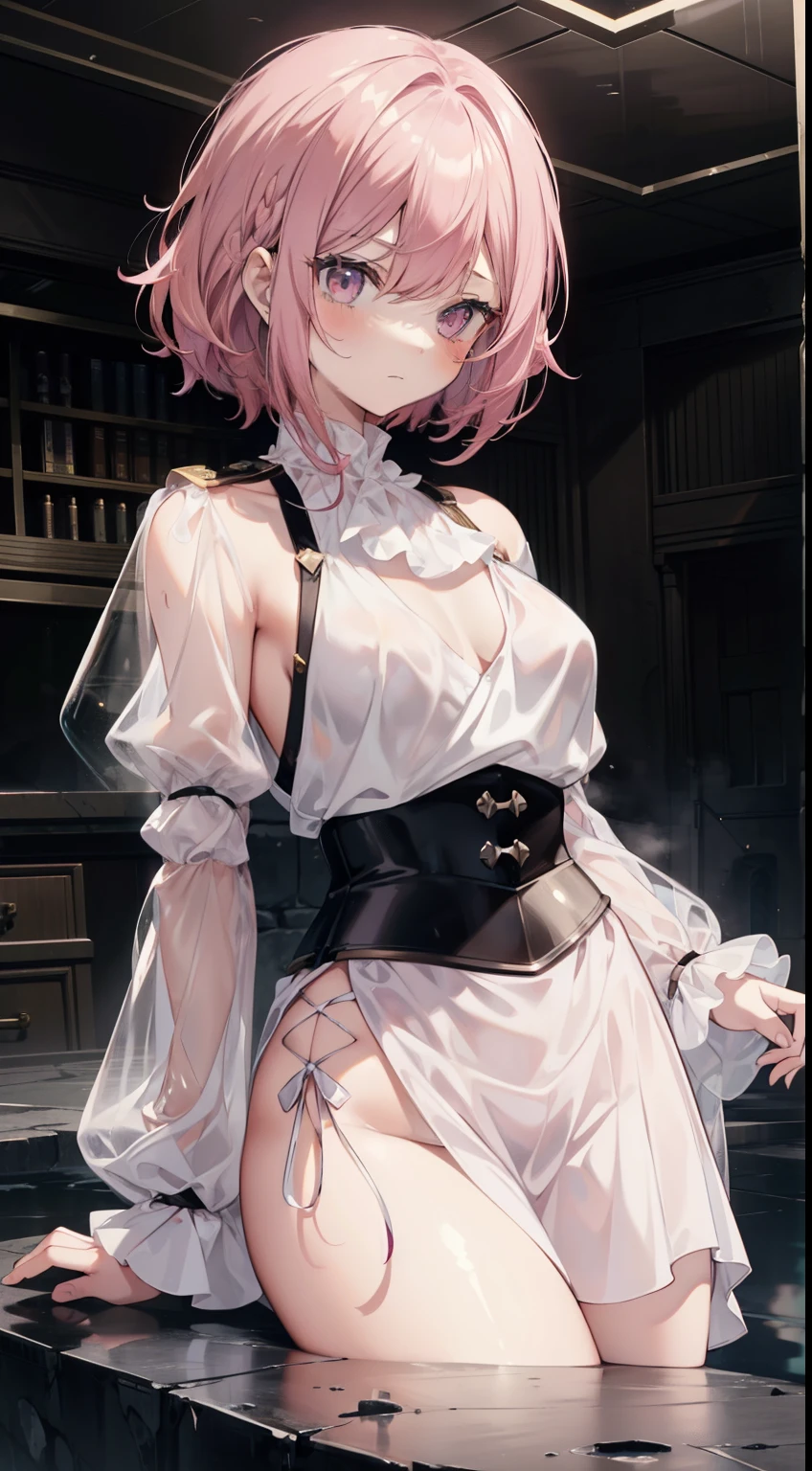 girl, (without emotion), (pink hair, medium hair), (medium breasts size), (((armored white blouse))), ((tight blouse)), (thick fog:1.2), ((empty round)), (flat stone battleground)