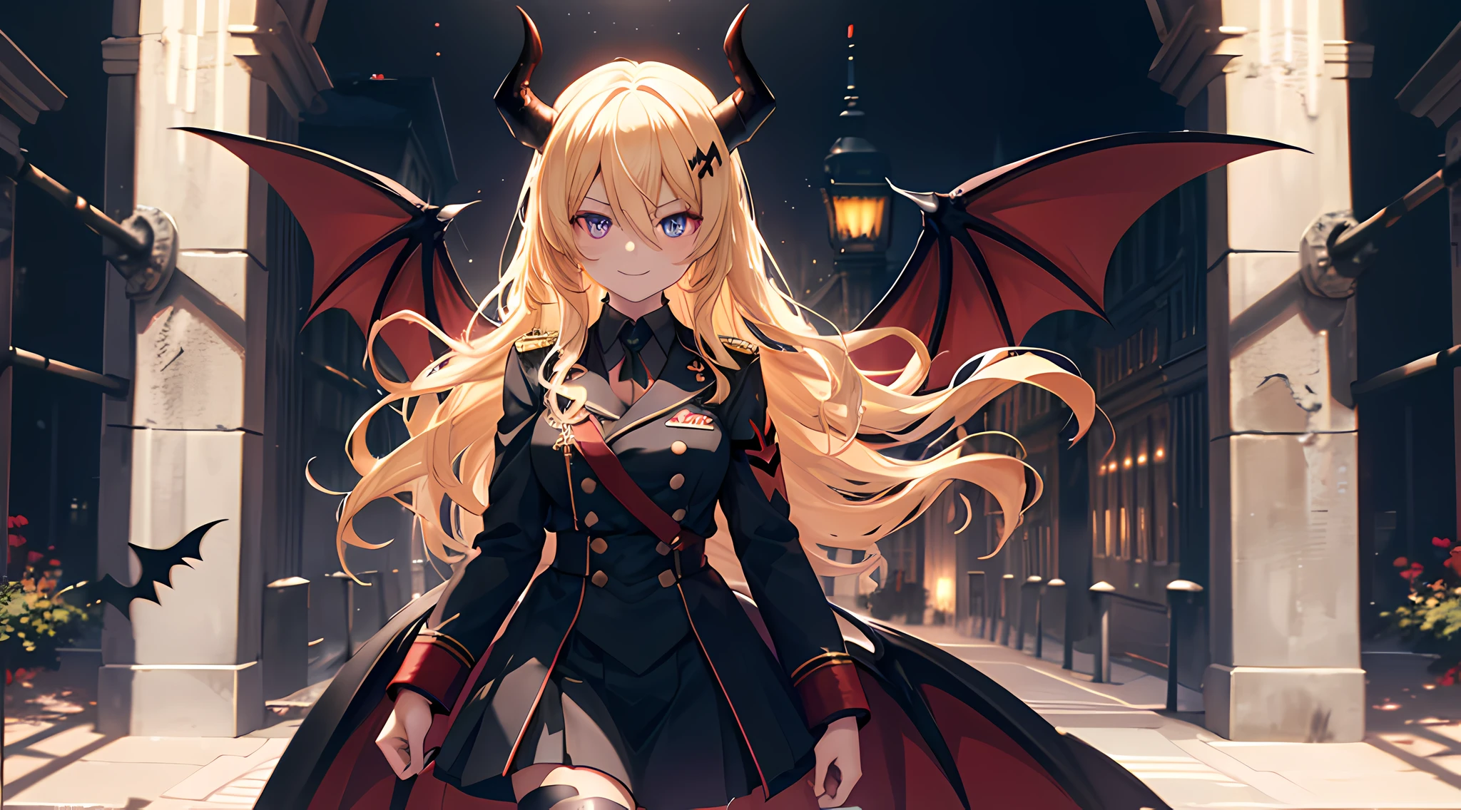 (1 demon girl), front lighting, demon horns, bat wings, nazi military uniform, detailed face, walking near the Berlin wall, blonde hair, glare, wavy hair, toothy semile, evil smile, front lighting, 8k, masterpiece, ultra HD.
