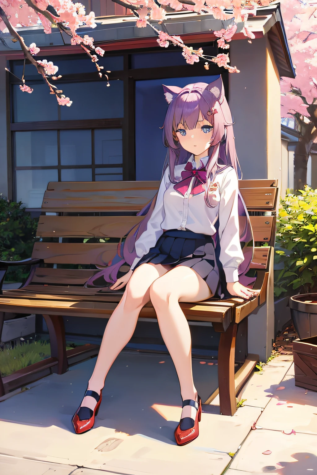 Anime female, purple hair, long hair to skirt, sparkling blue eyes, cat ears, purple uniform, blue short skirt, red shoes, cute, beautiful, shy and sexy,sitting next to cherry blossoms croosing