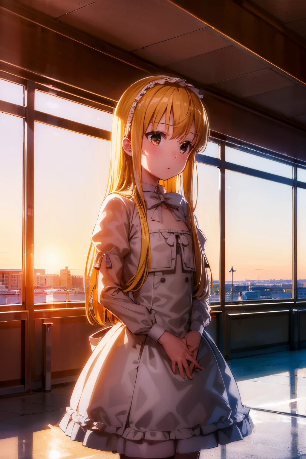 (8K, Realistic, Photorealsitic:1.5), masutepiece, Best Quality, High resolution, Extremely detailed, Detailed background, Cinematic lighting, Inside the airport,Elementary school girl, 1 young girl,lolita fashion,flat chest,small stature,cream eyes,Light blonde hair, (Yellow mesh)