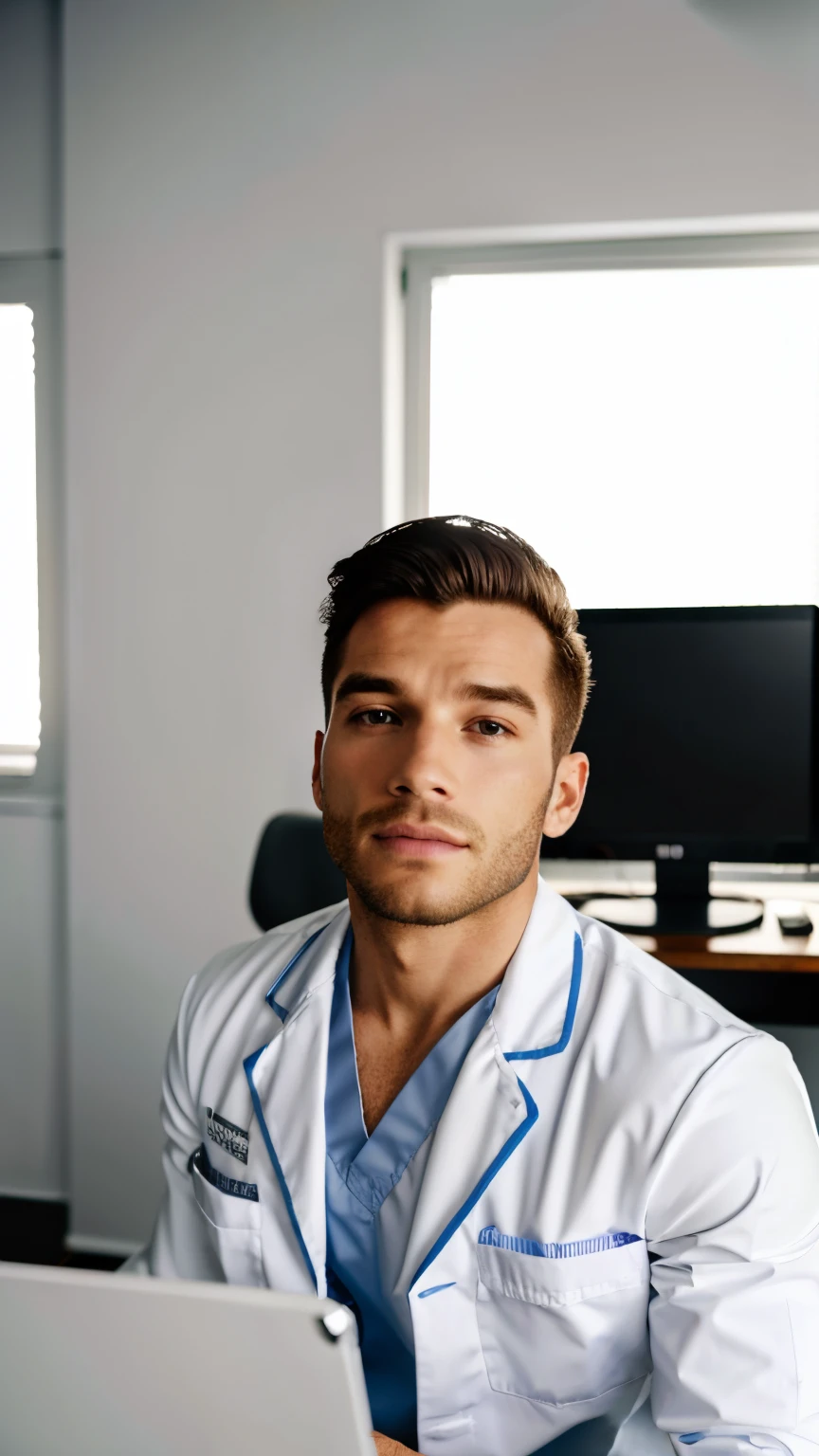 Homem de terno branco e gravata sentado em uma mesa, foto de um homem, sitting at desk, wearing a medical suit, foto corporativa, homem bonito, retrato profissional hd, wearing white doctors suit, sentado em uma mesa, uma foto de um homem, bonito e atraente, foto de perfil profissional, homem atraente, sitting behind desk