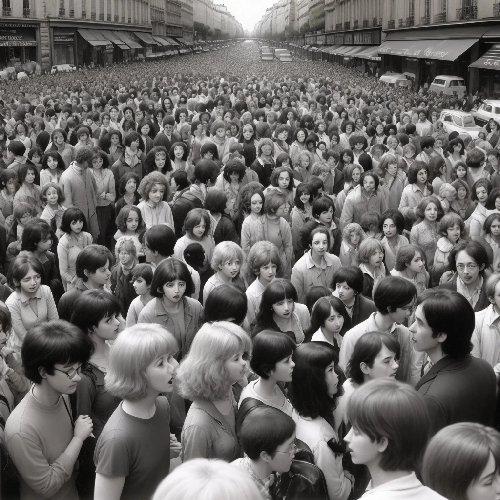 naked people watching weirdly to us, in the middle of the city, time is 1980 ,creepy smiles