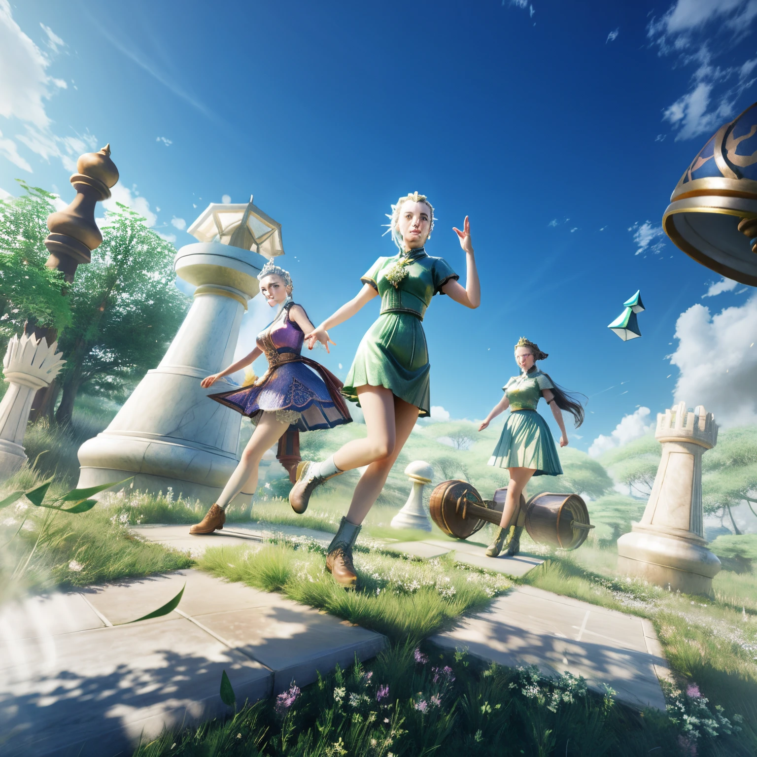 grassy fields,chess， GameCG, (Octagon rendering) Fantasy style,  Surrealism 8k,