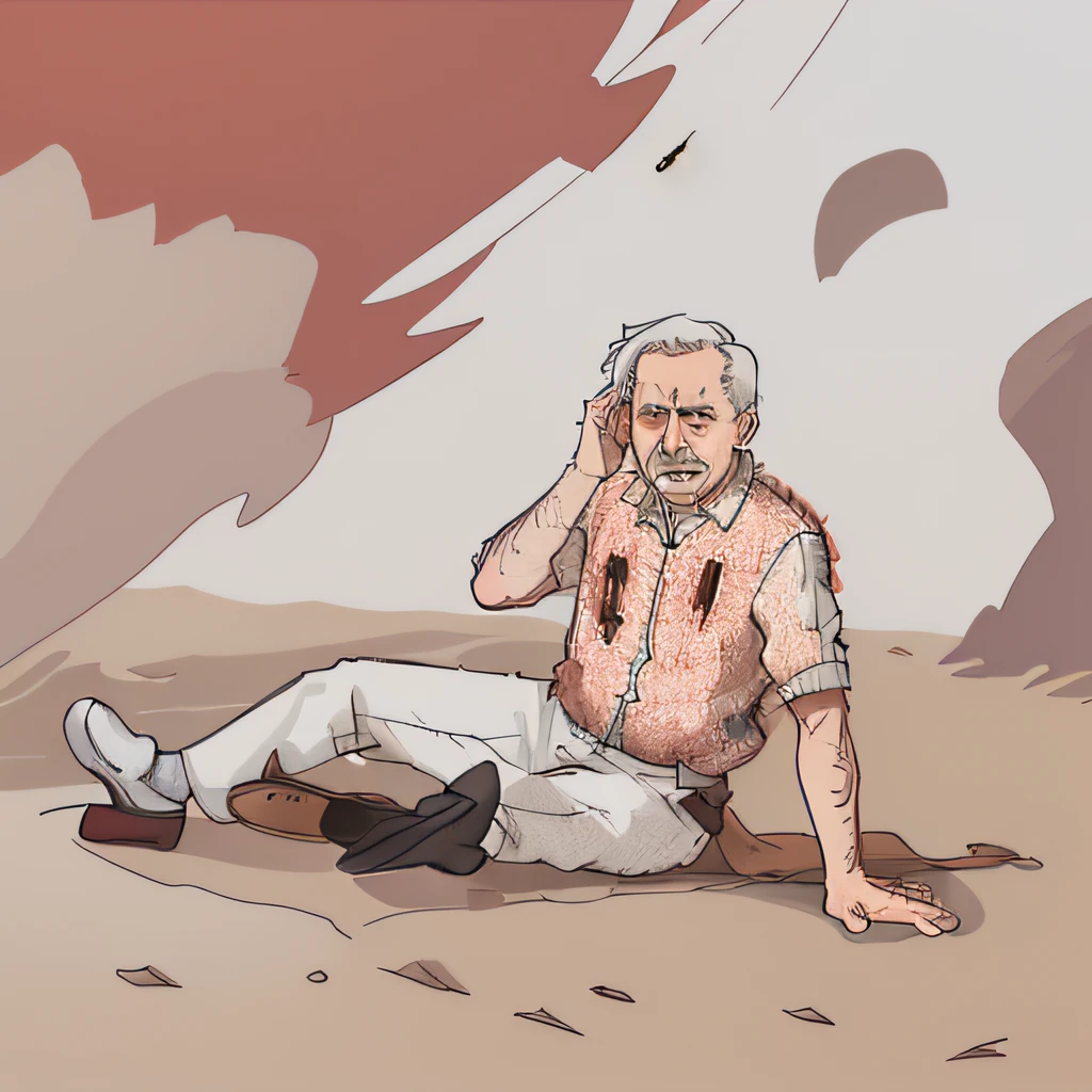 very old man,fall to the ground,Red worn cotton coat,long white pants,Shabby leather shoes,look of anguish