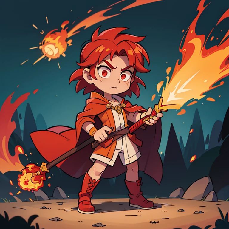 Fiery Magister. He is dressed in a lush cloak of fiery silk and precious stones. He has red hair, which seem to be on fire, and eyes, filled with fiery passion. Aurelius wields a sword, covered in flames, and can create fire whirlwinds, to defeat your opponents. full length image, boots should be visible