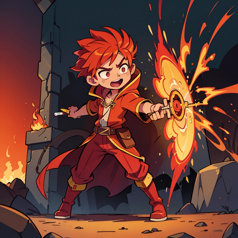 Fiery Magister. He is dressed in a lush cloak of fiery silk and precious stones. He has red hair, which seem to be on fire, and eyes, filled with fiery passion. Aurelius wields a sword, covered in flames, and can create fire whirlwinds, to defeat your opponents. full length image, boots should be visible