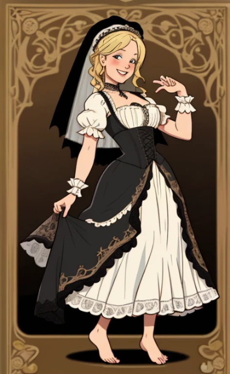 A beautiful, happy blonde barefoot woman, who wears a Victorian era dress and a black lace veil.