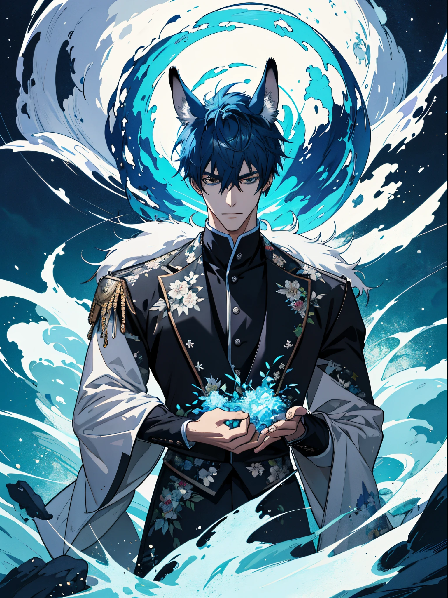(in 8K, hight resolution, ultra-detailliert), ((Two men)), There is a cartoon character who has a group of ghosts, concept art by Kanbun Master, Pixiv Contest Winner, furry art, detailed fan art, official fan art, [ Character Design ], Nice art style, danbooru and artstation, Beautiful detailed digital art, Beautiful, interval, [ conceptual art ]!!, great character design, cool character, cool artwork, Animal ears, florals