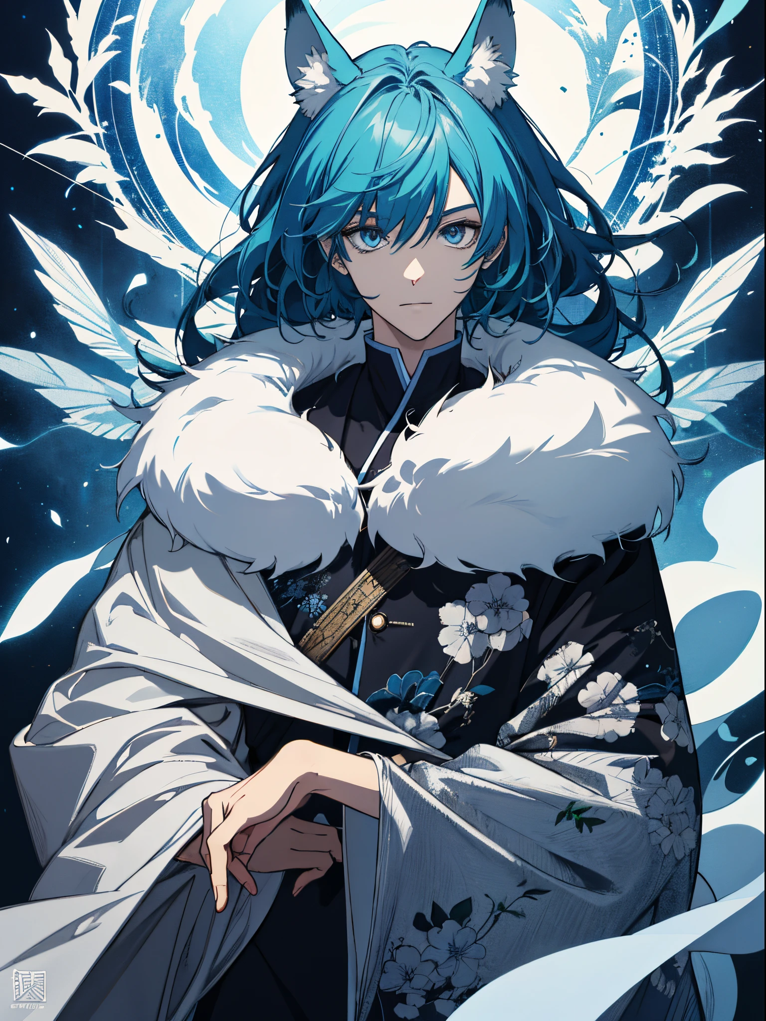 (in 8K, hight resolution, ultra-detailliert), ((Two men)), There is a cartoon character who has a group of ghosts, concept art by Kanbun Master, Pixiv Contest Winner, furry art, detailed fan art, official fan art, [ Character Design ], Nice art style, danbooru and artstation, Beautiful detailed digital art, Beautiful, interval, [ conceptual art ]!!, great character design, cool character, cool artwork, Animal ears, florals