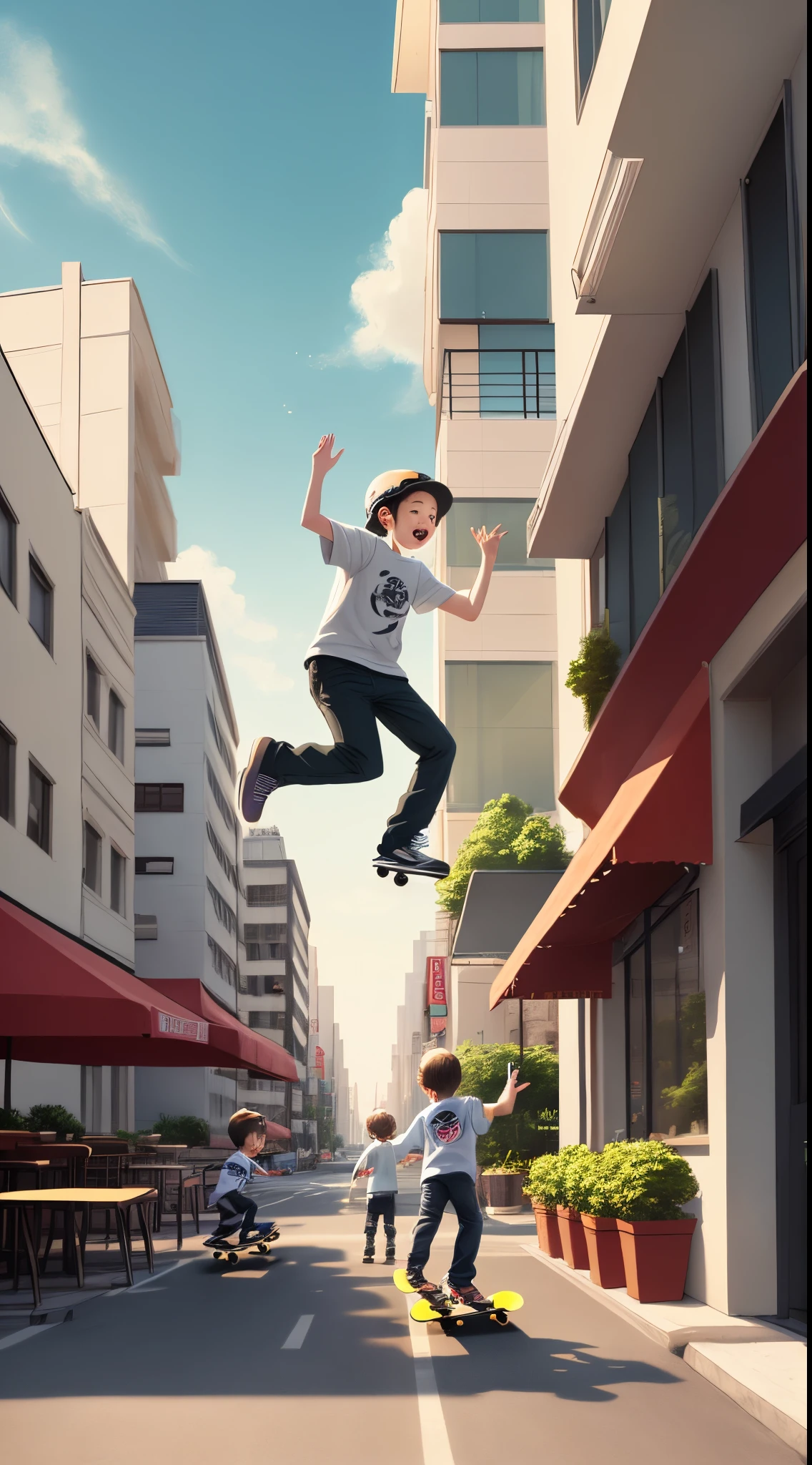 Parallel universe background，Two 5--old s skateboarding in the air，Their two mothers watched them over coffee at a roadside cafe in the city。Draw this picture with a sci-fi background