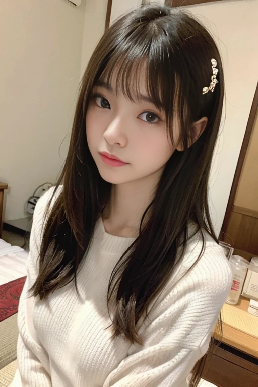 randome pose、top-quality、超A high resolution、(Photorealsitic:1.5)、女の子1人、Sweaters、(The long-haired:1.2)、(huge-breasted:1.2)、ryokan、looking at viewert、a closeup、full body Esbian、Nasty eyes、embarassed face