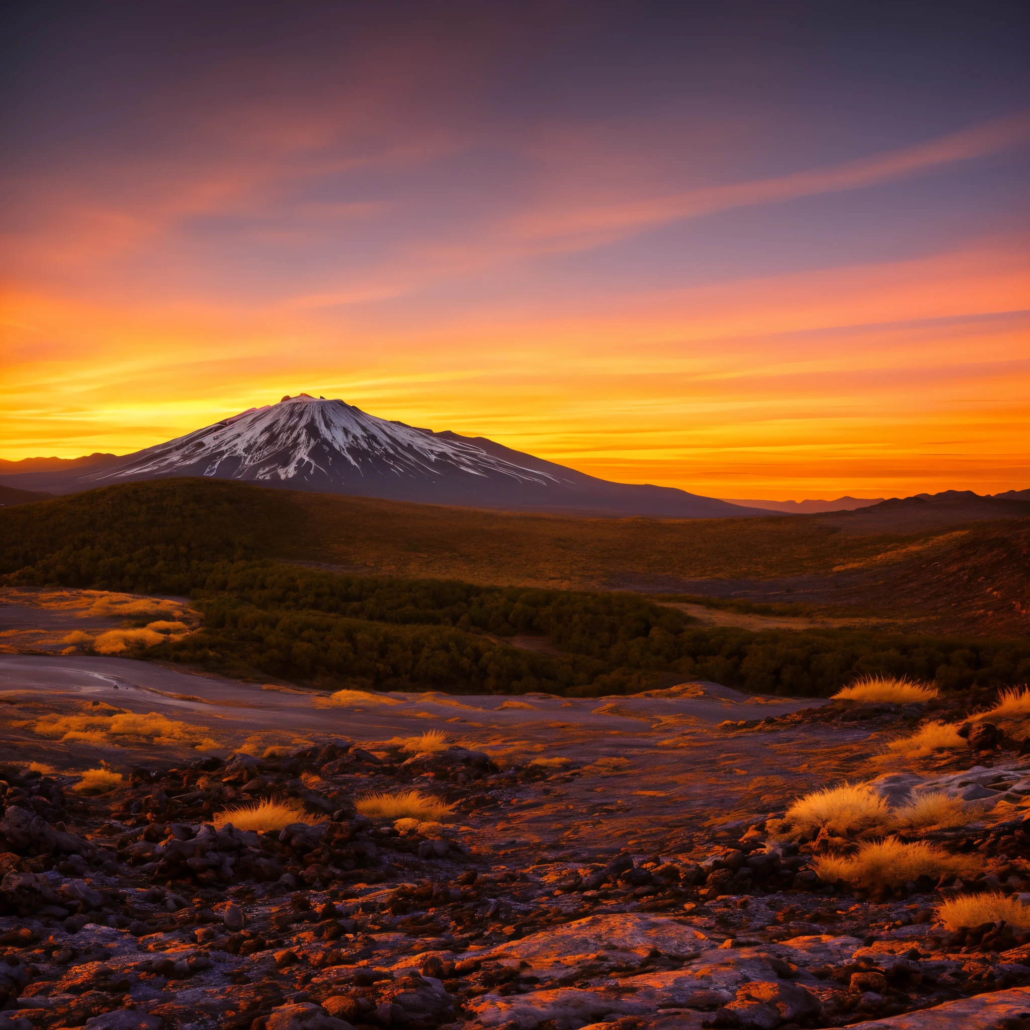 Best quality, 4k, 8k, highres, masterpiece: 1.2, ultra-detailed, realistic: 1.37, sunset, volcano landscape, apocalyptic mountain, volcano landscape, warm glow, magnificent sunset, magnificent, extraordinary colors, vibrant sunset, mountain range and colorful sunset!!, vibrant sunrise, vivid scenery, volcano setting, last light on mountaintop, vibrant sunset, stunning sunset, epic and breathtaking, breathtaking, mountain sunrise