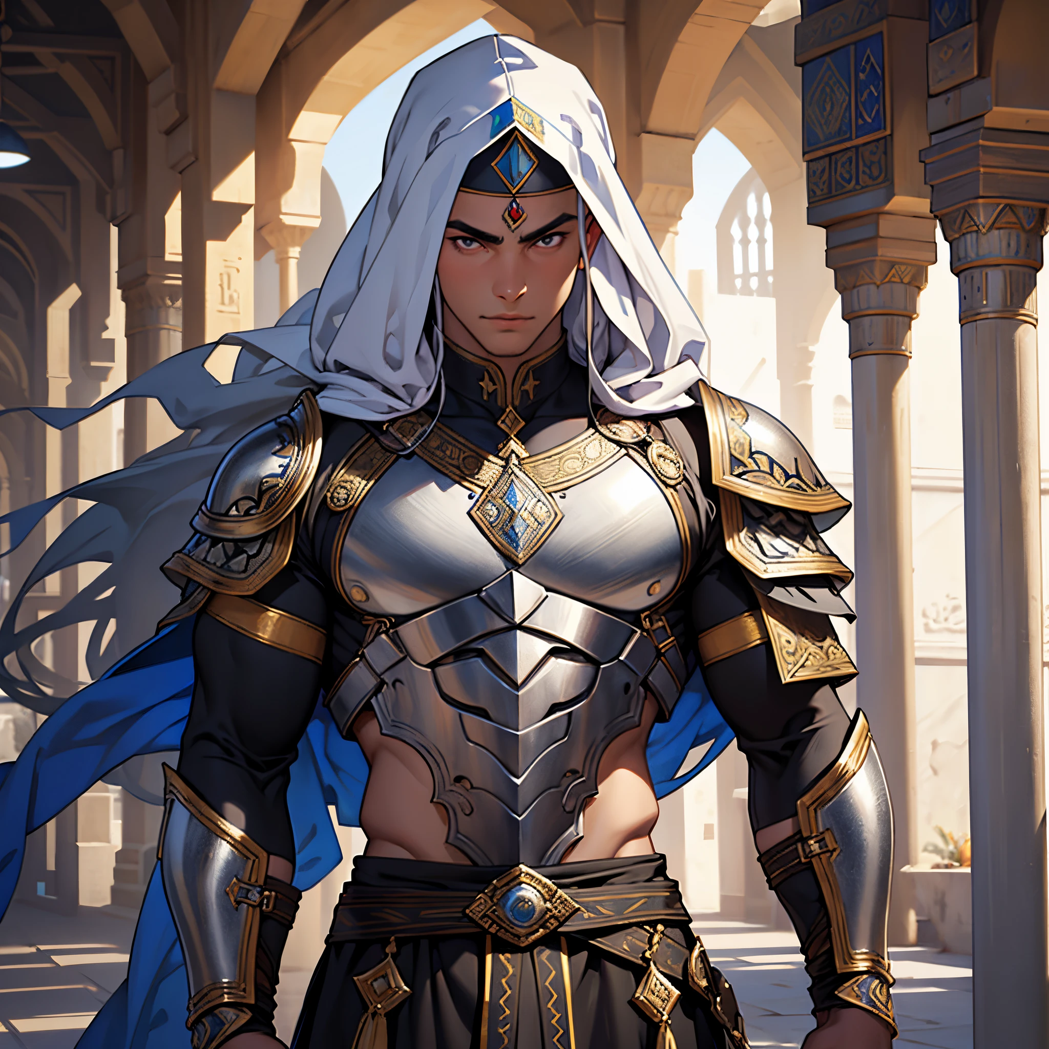 masterpiece, Best Quality, 4k, Moroccan Warrior Highly detailed muscular warrior wearing Islamic armor(1 person) Very detailed,young man with long silver hair, detailed pose, Background with:Inside the Arab Mosque