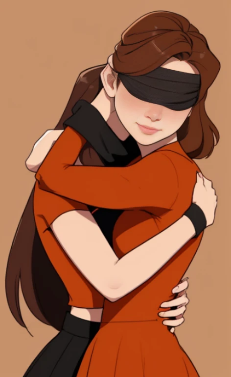 Two beautiful young blindfolded women hugging each other.