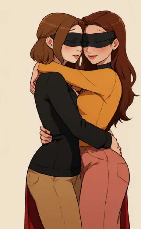 Two beautiful young blindfolded women hugging each other.