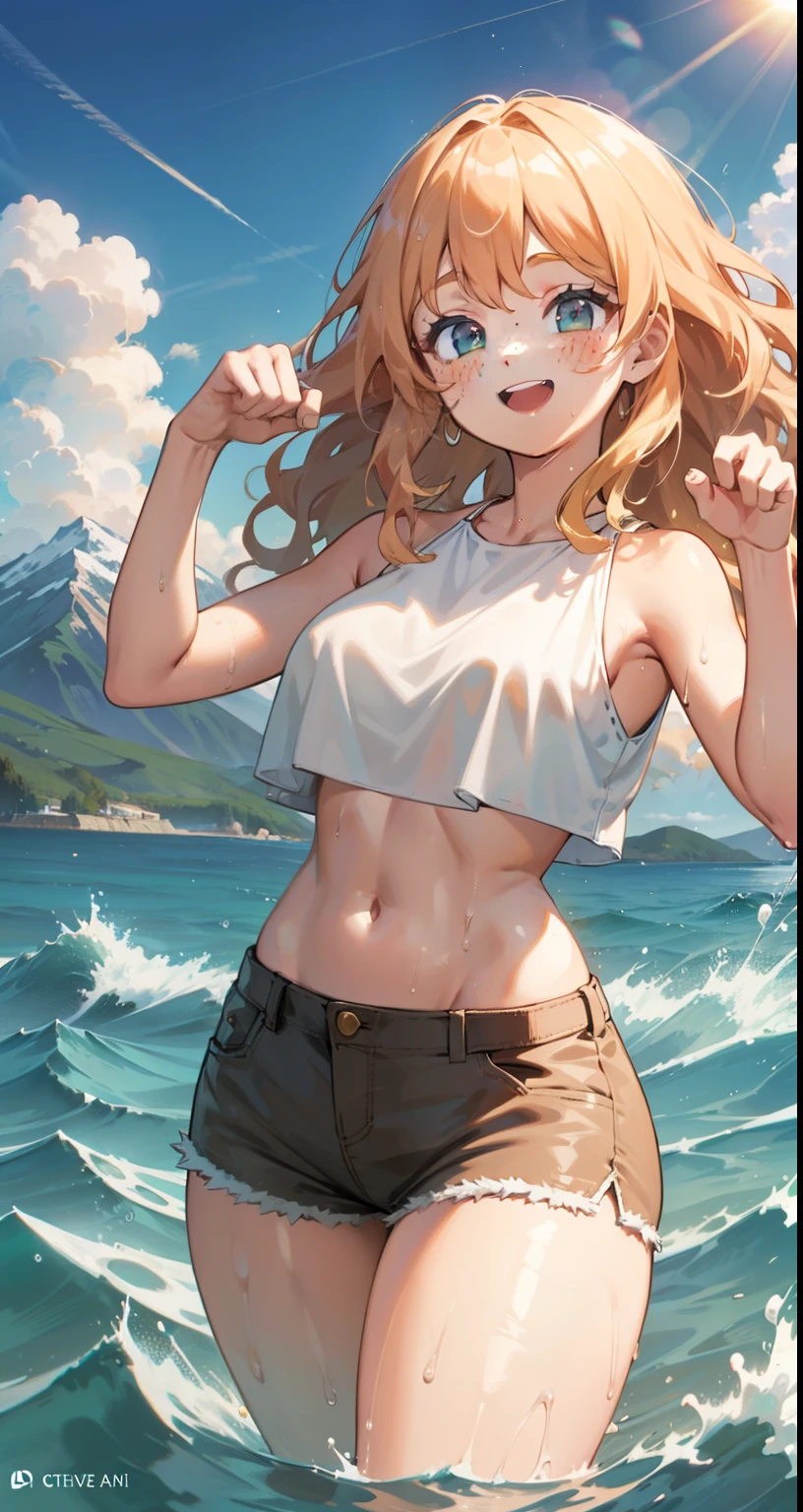 best quality, masterpiece), adult woman, large body, upper body, paw pose, smile, laughing, happy, ocean, crop top, shorts, blonde, freckles, blush, looking at viewer, wavy hair, long hair, cloud, splashes, waves, sun, mountain, wet, medium chest, thick legs, thick thighs