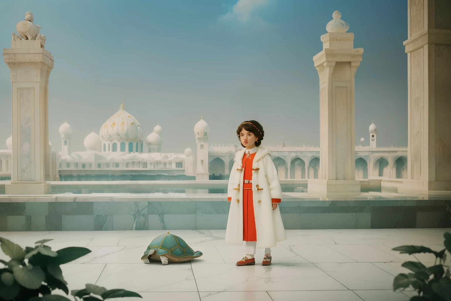 mysterious white magical city. Palace. Marble and crystall glass. Pre-raphaelite ((((9--old)omo)), homeless girl, messy short curly hair, oversized coat, walking next to a big turtle, ((((big and unkempt Clothing from the 1960s)))), ((curly Hairstyle of the 1960s)), ((Wes Anderson cinematic style)), colorful