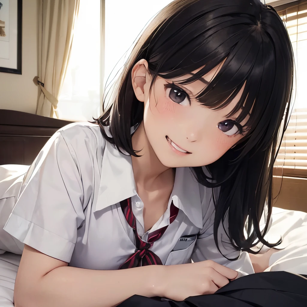 (((Masterpiece、top-quality、high-detail、High and fine)))、1人、Mature Japanese high school girl、Japan school uniform、Ribbon Ties、shirt、mini pleated skirt、(((Medium black hair)))、(A bewildering smile)、(((Squinted eyes)))、double tooth、(((Hotel bedroom)))、(((Lying on the bed)))、Tilt of the head
