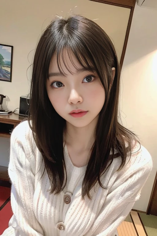 Random pose、highest quality、超A high resolution、(Photorealistic:1.5)、1 girl、sweater、(Long-haired:1.2)、(Big Breasts:1.2)、ryokan、View your viewers、Close-up、Whole Body Ezbian、Bad Eyes、Embarrassed face