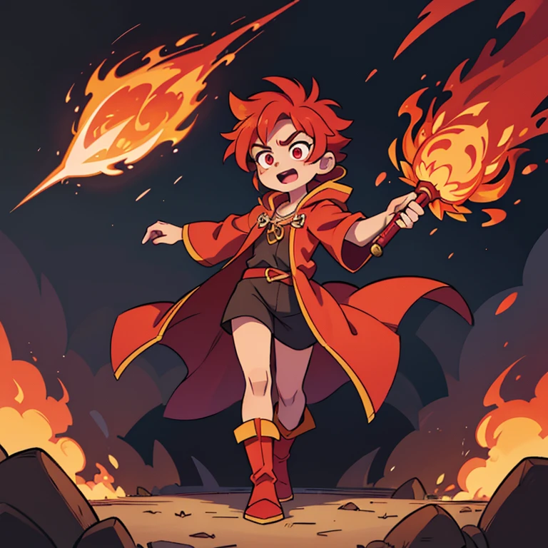 Fiery Magister. He is dressed in a lush cloak of fiery silk and precious stones. He has red hair, which seem to be on fire, and eyes, filled with fiery passion. Aurelius wields a sword, covered in flames, and can create fire whirlwinds, to defeat your opponents. full length image, boots should be visible
