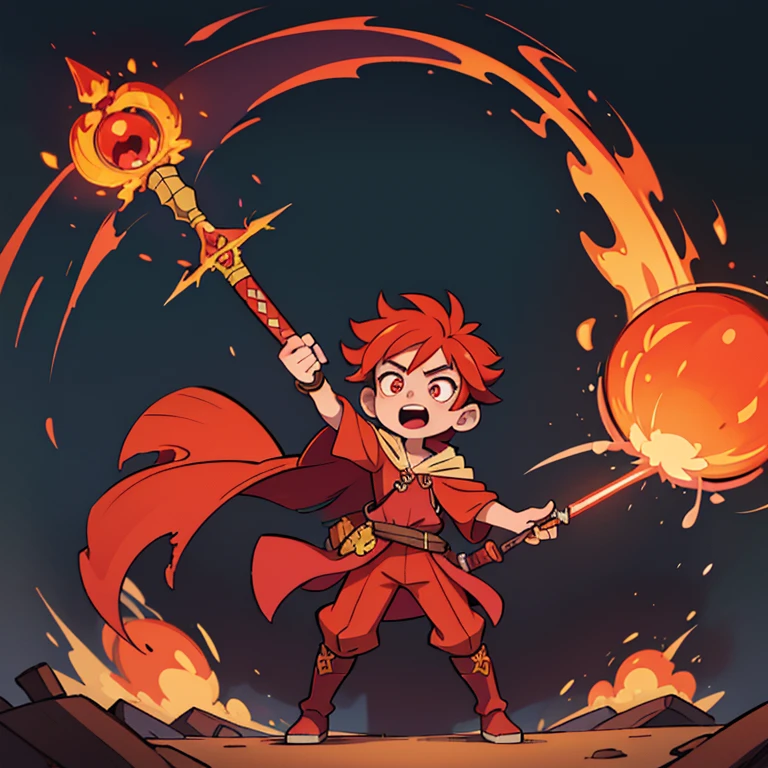 Fiery Magister. He is dressed in a lush cloak of fiery silk and precious stones. He has red hair, which seem to be on fire, and eyes, filled with fiery passion. Aurelius wields a sword, covered in flames, and can create fire whirlwinds, to defeat your opponents. full length image, boots should be visible