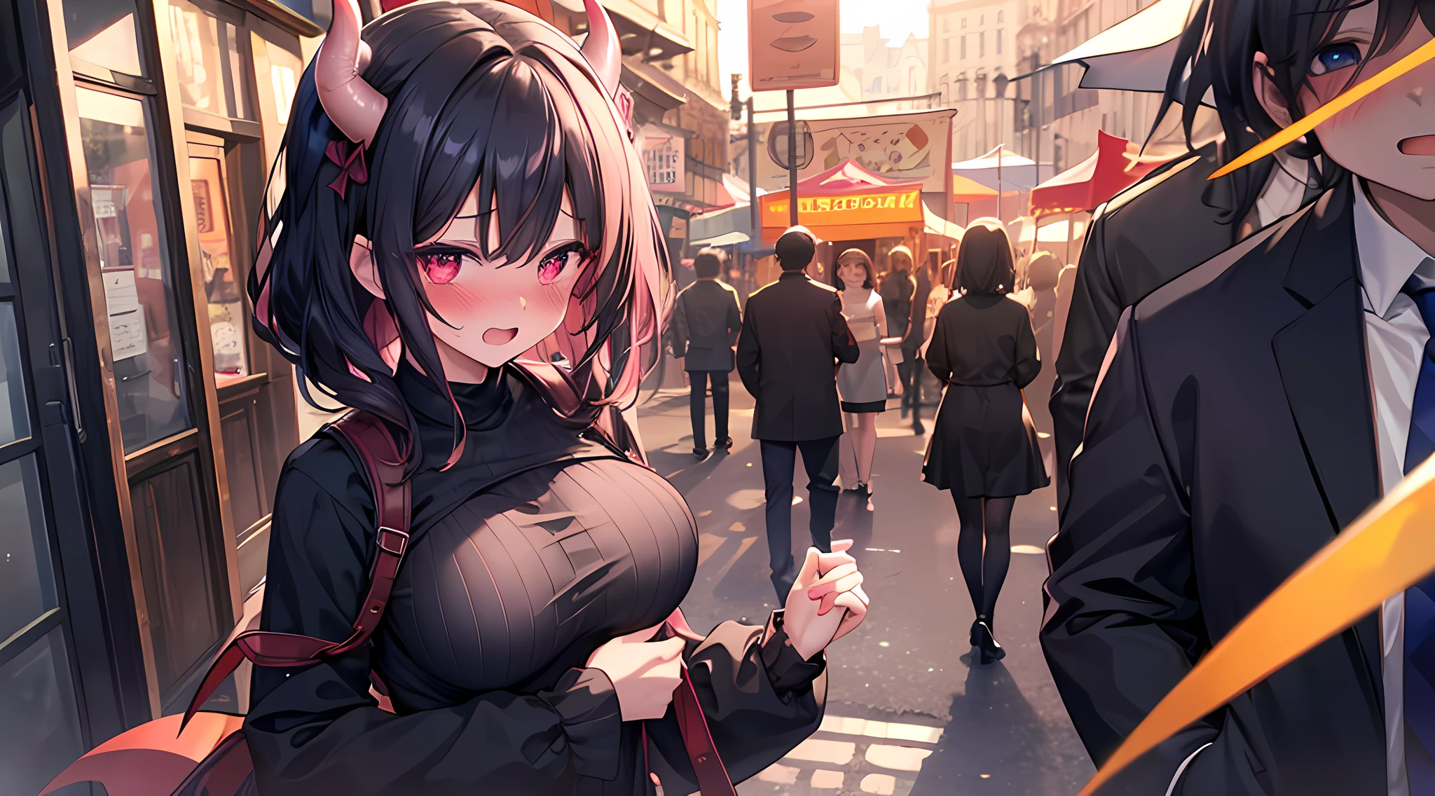 (1 demon girl), front lighting, demon horns, European Royal Family Breast, big breast, detailed face, walking in the middle of market on daytime, black hair, black hairpins, (blushing: 1.5), open mouth, hand holding her breast, heart eyes, (half body:0.6), front lighting, 8k, masterpiece, ultra HD,