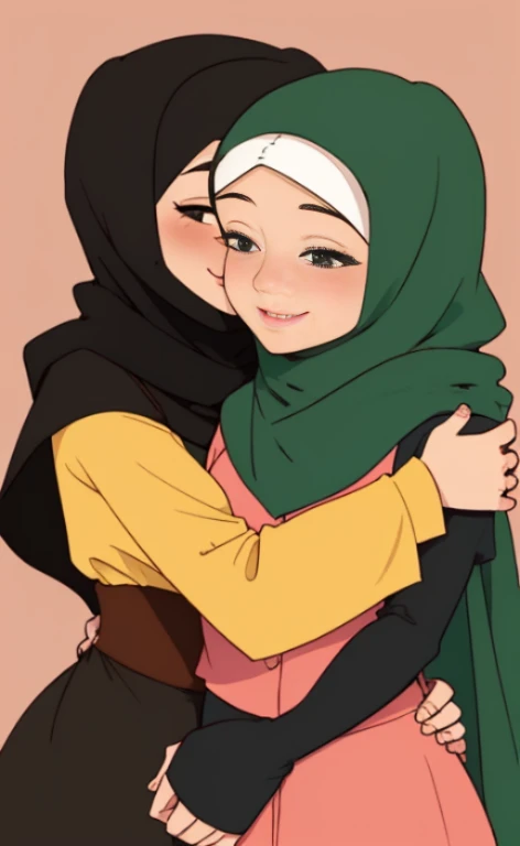 Two beautiful young happy hijabi women hugging each other.