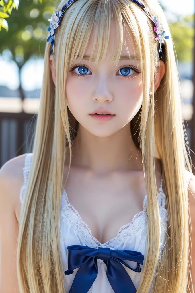 (masterpiece、best quality、extremely detailed 8k、ultra hd、ultra-detailed、highly detailed、highly realistic、photo realistic)、(beautiful realistic face、detailed realistic face)、Extraordinary sexy beauty、angry face、Blonde、long bangs between the eyes,、Super long bright blonde straight hair、twintails、ed bows、red bows in hair、beautiful countenance、Very cute beautiful sexy young woman、Very perfect beautiful cute face、Glowing big bright light blue eyes、19yo student、blonde、Young Western Woman、Beautiful white shiny skin、airi akizuki