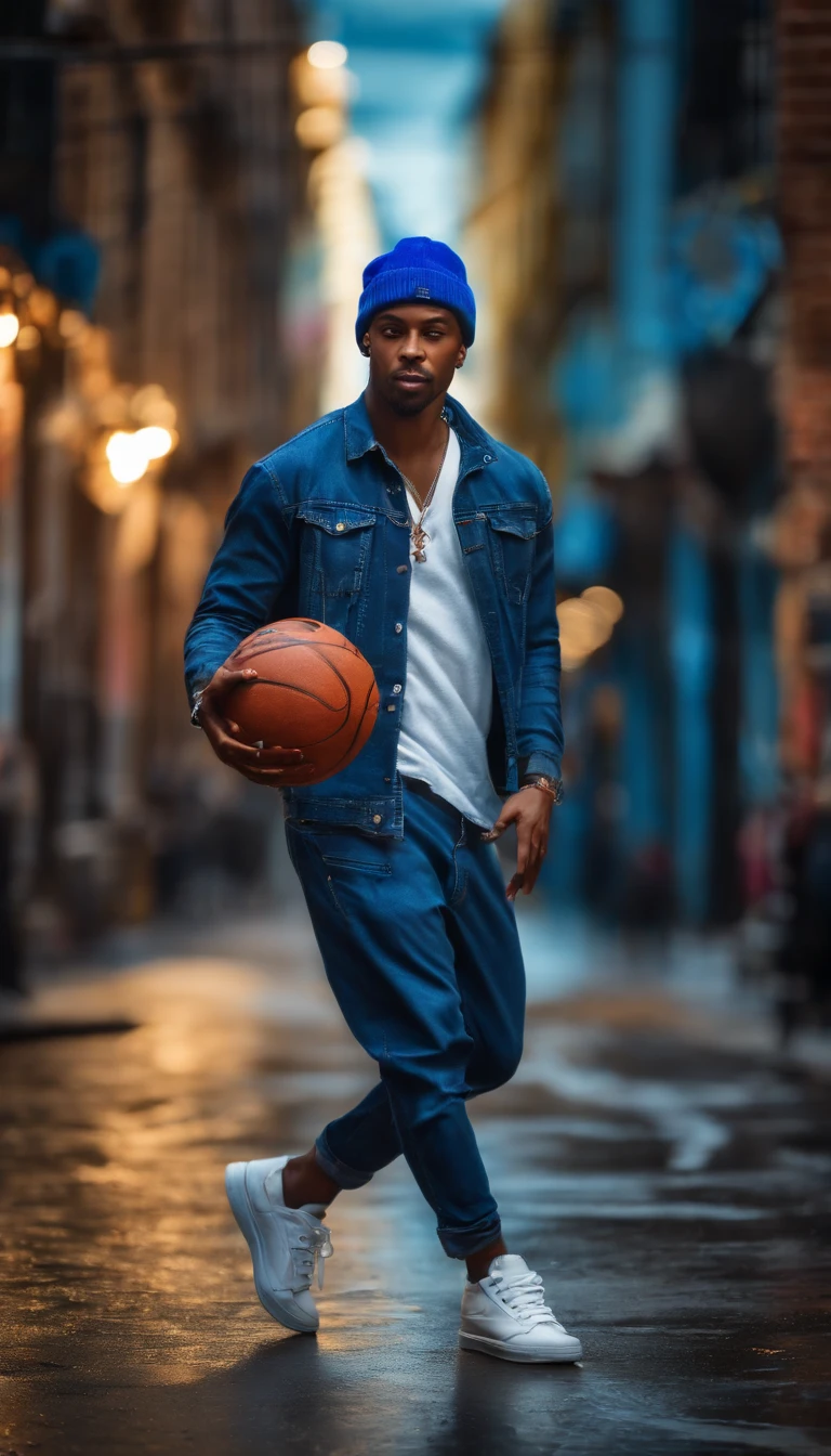 (a ledgend,ituo:1.2)(best quality,4k,8k,highres,masterpiece:1.2),portrait,textured,(realistic,photorealistic,photo-realistic:1.37),black shirt,white overalls,dancer,wearing a blue cap,holding a basketball,dancing in a street art zone,colorful graffiti background,electric atmosphere,night scene,neon lights,blurred motion effect,energetic movement,vivid colors,urban style