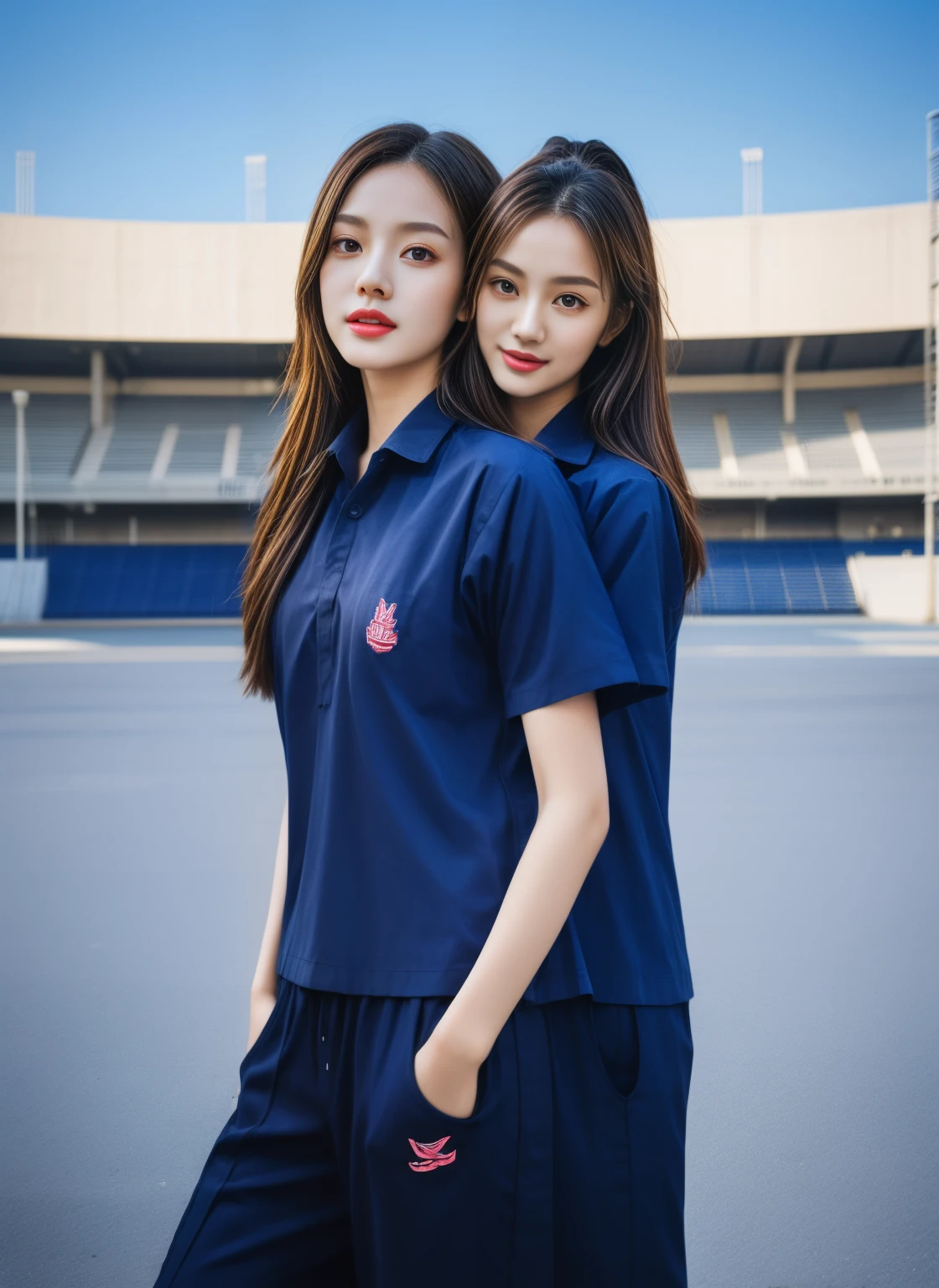 (bestquality,10,10,highres,masterpiece:1.2),ultra-detail,(Realistic,photorealistic portrait,photo-realistic:1.37),1 Cute girl in the football field,oily shiny skin,bara,light smile,BDclothes,((blue shirt:1.3)),short sleeves,shirt, trousers.,(navy_long_Pants Track:1.1), ((Stadium Background:1.3)),dynamic angle,excited,face focus,Dynamic Poses,from behide,Ass Focus,masterpiece, bestquality, ultra realistic, hyper-detail, 8k resolution, RAW photo, crisp focus, ((Navy blue shirt:1.1)), short sleeves, Long Path, Perfect body, 2 mature women, 18yo, cinematic light,Blue sweatpants,Gymware,Correct anatomy,Complete body, Correct body, sharp face, Anatomically correct body, full entire body, Realistic gestures, long-haired, Realistic poses,Wear long shorts.......................,Long leg span,Shapely,Sculpting Girl, Slender Figure, mannequin mannequins, Shapely, Beautiful body,Blue sweatpants, Two girls kissing