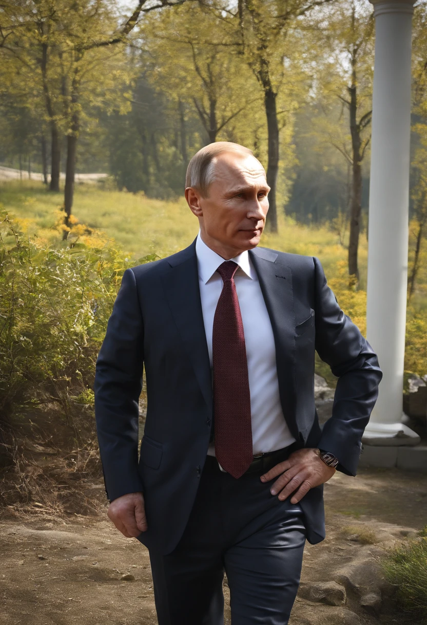 A photo of Putin reviewing a strategic geopolitical map,original,Vladimir Putin, the Russian President, presents a carefully crafted image: he is typically seen with a short, neat haircut and a lean, athletic physique, often dressed in suits that project an image of formality and power. His public persona is one of sternness and resolve, with a steely gaze and a rarely seen smile, adding to his aura of seriousness and determination. , male