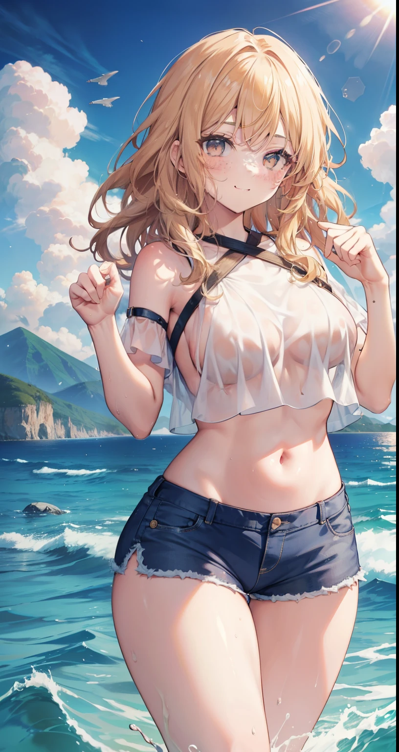 best quality, masterpiece), adult woman, large body, upper body, paw pose, smile, laughing, happy, ocean, crop top, shorts, blonde, freckles, blush, looking at viewer, wavy hair, long hair, cloud, splashes, waves, sun, mountain, wet, medium chest, thick legs, thick thighs
