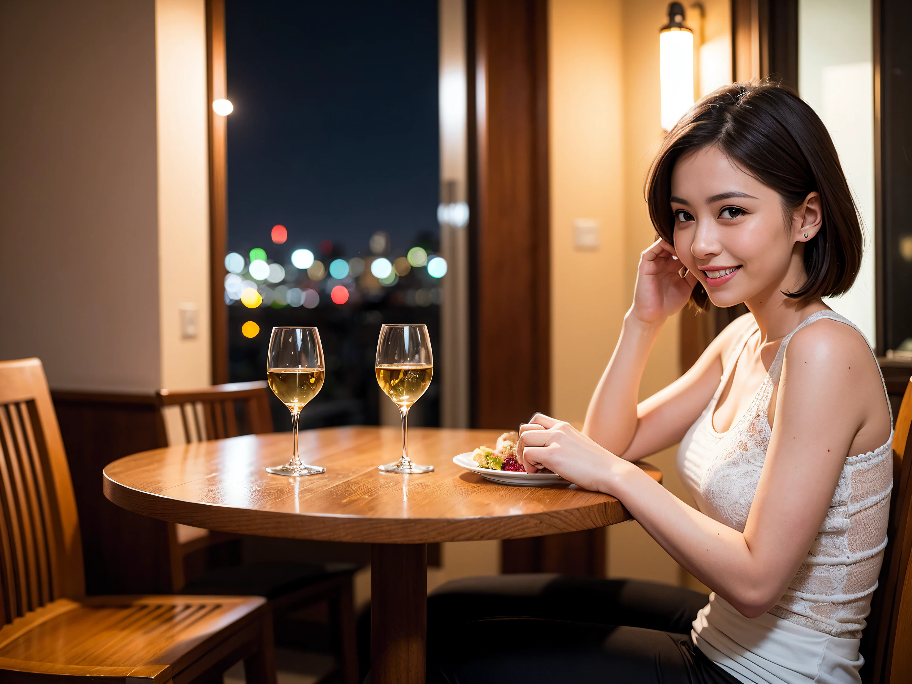 (64K, UHD, top quality, masterpiece: 1.2), (realistic, photorealistic: 1.37), super detailed, pretty woman 1 person, (slim face), (slim body), (brown hair), (short cut), cheeks slightly blushing, (35 years old), 38 years old, solo, beautiful detailed urban night view outside the window, restaurant, wine glasses sit, at night, in a prominent place (from the waist up) NovaFrogStyle, Actress, Model, Waist Up, White Wine, Slim, Wine Glass, Super Clean Night View, Wine Glass Put in the Middle, Happy Smile, (Smile: 1.15), Beautiful Fine Eyes, Upper Body,  Japan Up, Night, Short, Short, Actress, Model, Waist Up, White Wine, Slim, Wine Glass, Super Clean Night View, Wine Glass Put in the Middle, Happy Smile,