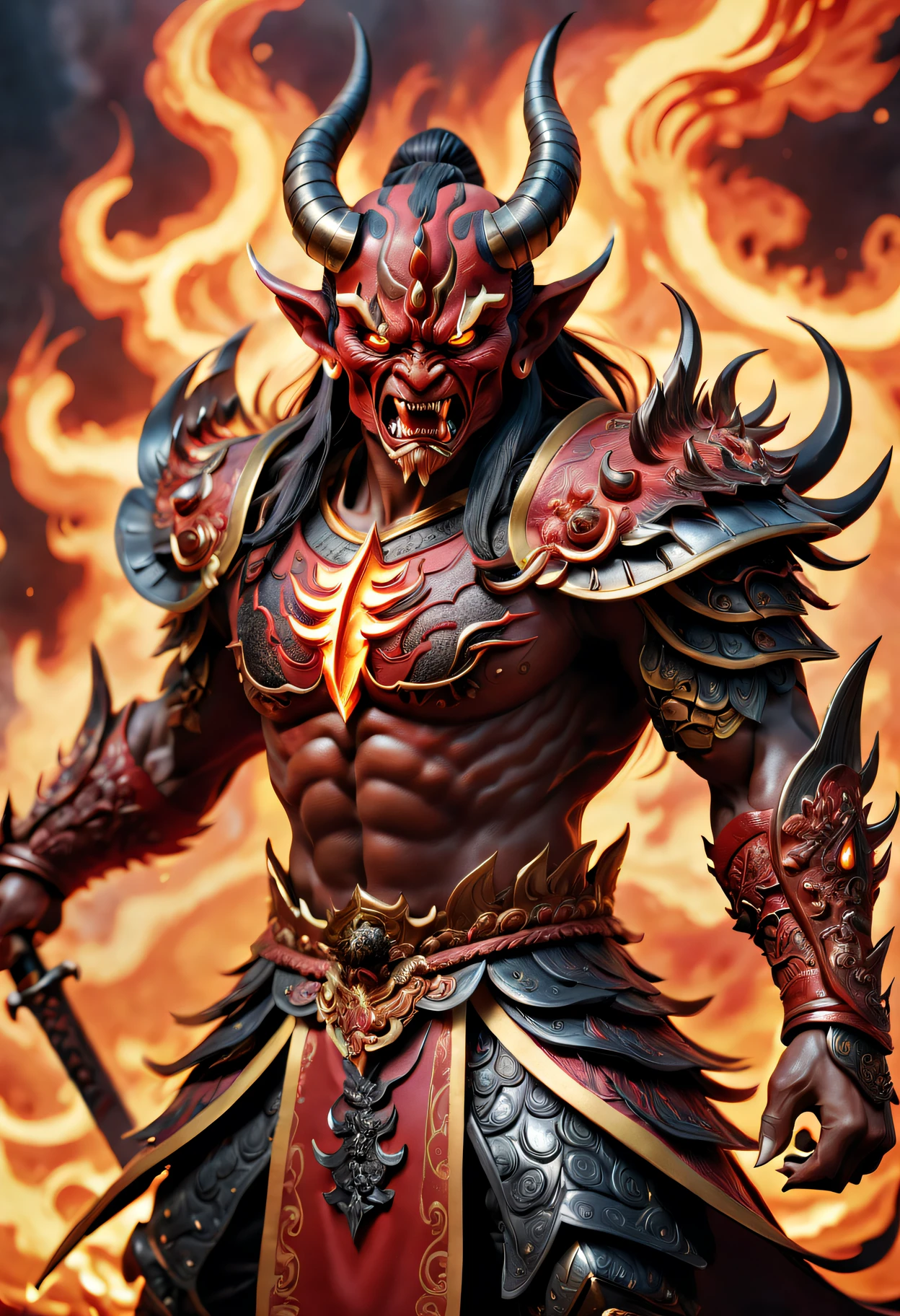 Best quality at best,ultra - detailed,actual:1.37,Chinese mythology,asuras,Scary numbers,Fire-red skin,dark and sharp eyes,Sharp fangs,has horns on its head,Intense expression,fit-muscled body,elegant armor,delicate patterns,Glowing aura,surrounded by flames,battleground background,Sword in hand,Defeat demons and evil spirits,Devil's power,Divine wrath,majestic and powerful,mythical creature