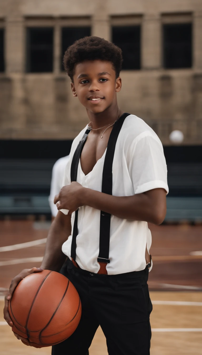 black shirt，White suspenders，Split head，Brother holding a basketball