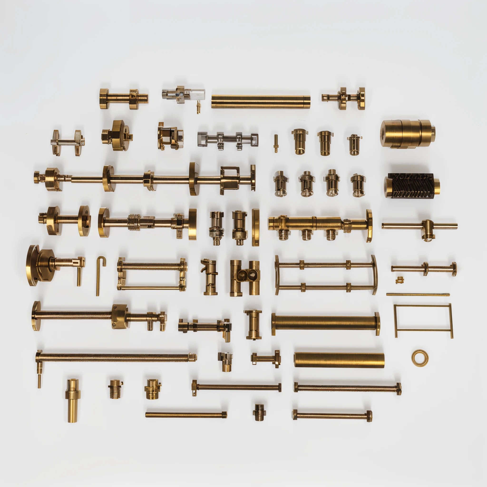 Main product image，with a pure white background：Close-up of many different types of brass parts, Hardware processing spare parts，cnc machining parts，Precision parts，parts of metal, brass and steam technology, many parts, rendering，hyper-detailing，Rich product range，Keep image proportions，Use appropriate image processing algorithms，No deformation，Placed neatly