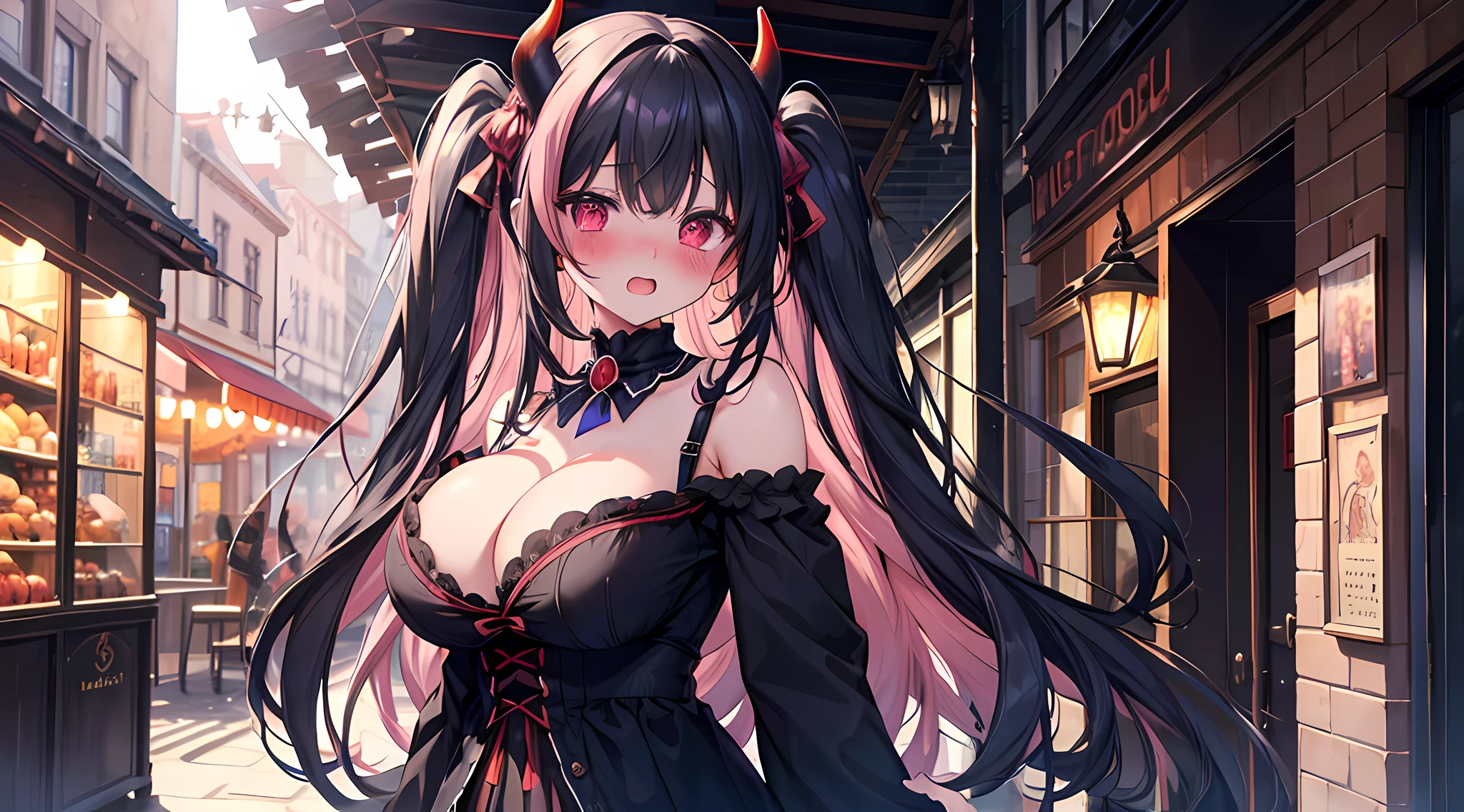(1 demon girl), front lighting, demon horns, European Royal Family Breast, big breast, detailed face, walking in the middle of market on daytime, black hair, black hairpins, (blushing: 1.5), open mouth, hand holding her breast, heart eyes, (full body:0.6), front lighting, 8k, masterpiece, ultra HD,