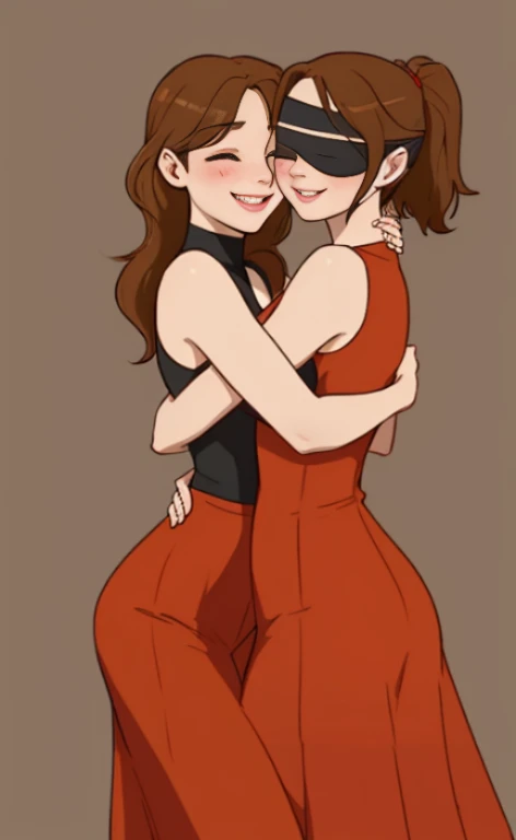 Two beautiful young blindfolded women hugging each other.