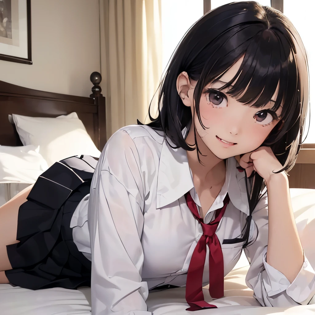 (((Masterpiece、top-quality、high-detail、High and fine)))、1人、Mature Japanese high school girl、Japan school uniform、Ribbon Ties、shirt、mini pleated skirt、(((Medium black hair)))、(A bewildering smile)、(((Squinted eyes)))、double tooth、(((Hotel bedroom)))、(((Lying on the bed)))、Tilt of the head