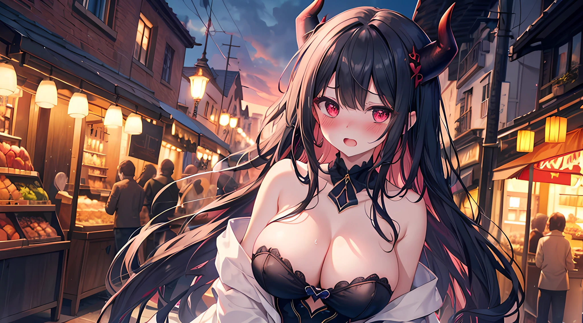 (1 demon girl), front lighting, demon horns, European Royal Family Breast, big breast, detailed face, walking in the market on daytime, black hair, black hairpins, (blushing: 1.5), open mouth, hand holding her breast, heart eyes, (full body:0.6), front lighting, 8k, masterpiece, ultra HD,