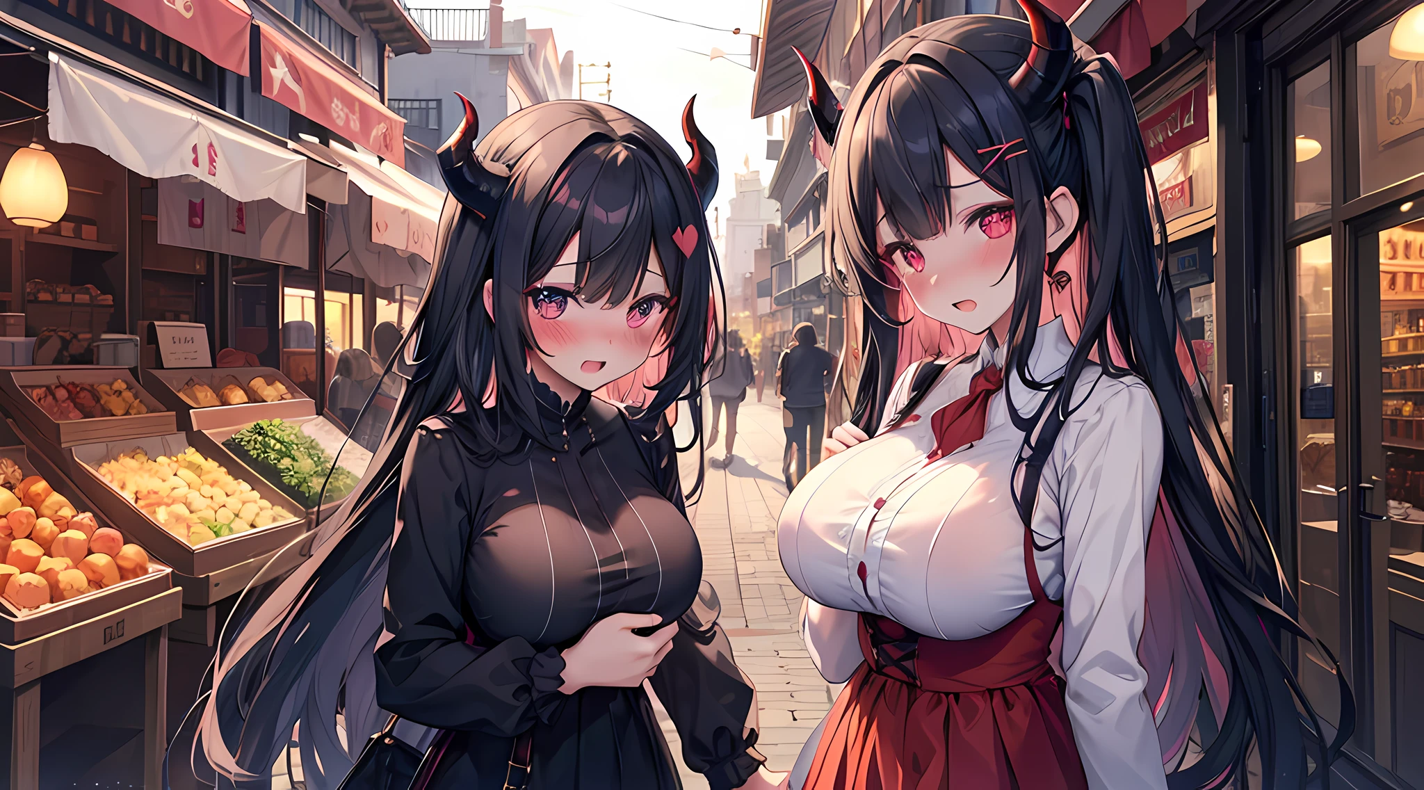 Two girls, big breasts, slim waist, big ass, demons, red and black hair, Revealing clothing, lustful look,