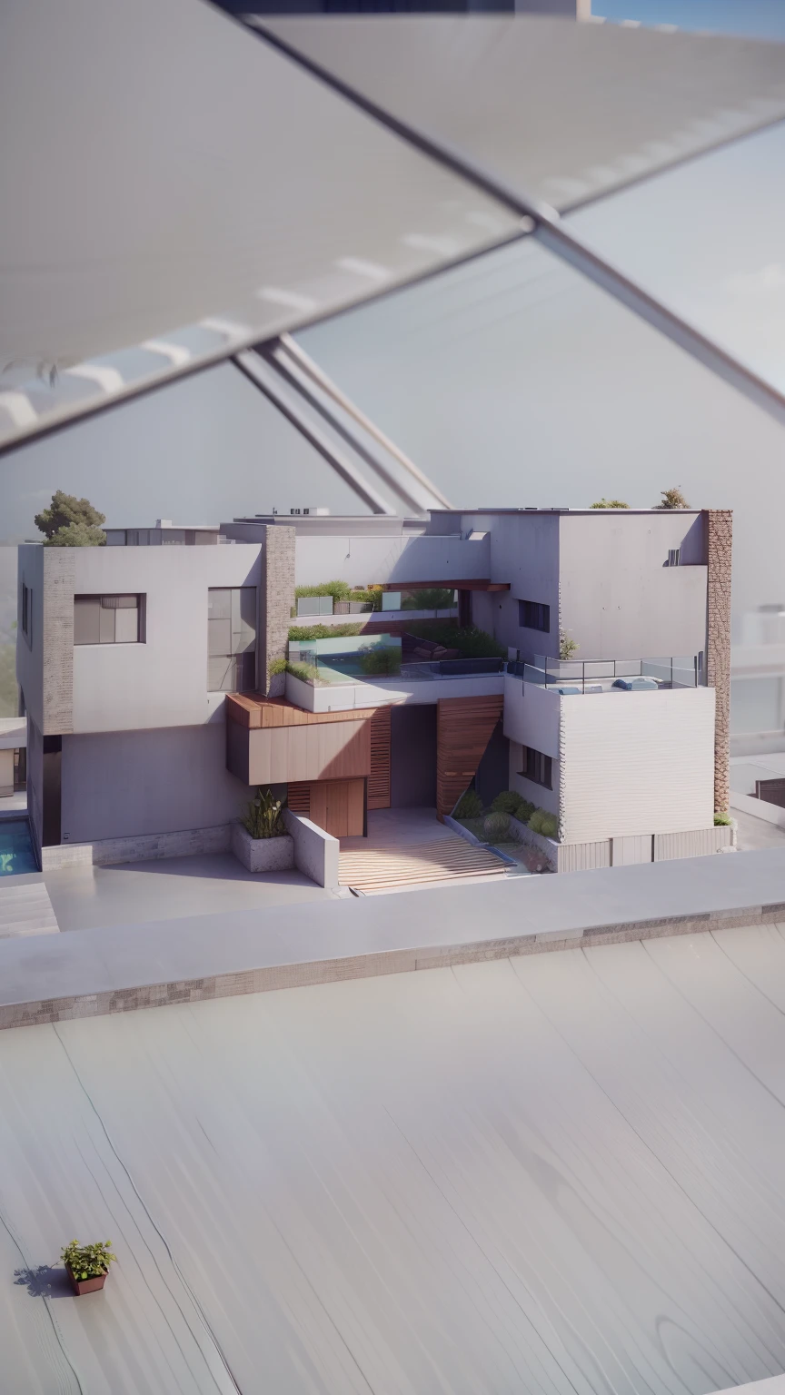 Organic modern architecture on a fairly large plot, There is a swimming pool in the middle of a large one-story house, cor da casa em vigas marrom chocolate e preto, large modern residence, telhados planos e jardim, render luxcore, render oktane, a photorealistic rendering, architectural render, mantra rendering, architectural render, realism rendering, architectural visualisation, piscina de bem-estar, architectural visualisation, grandes zonas verdes, com pequenas zonas de flores de lavanda, arbustos verdes tipo exuberante jardim verde, swimming pool embedded in an area of sand, oliveiras e pinheiros ao redor da casa,