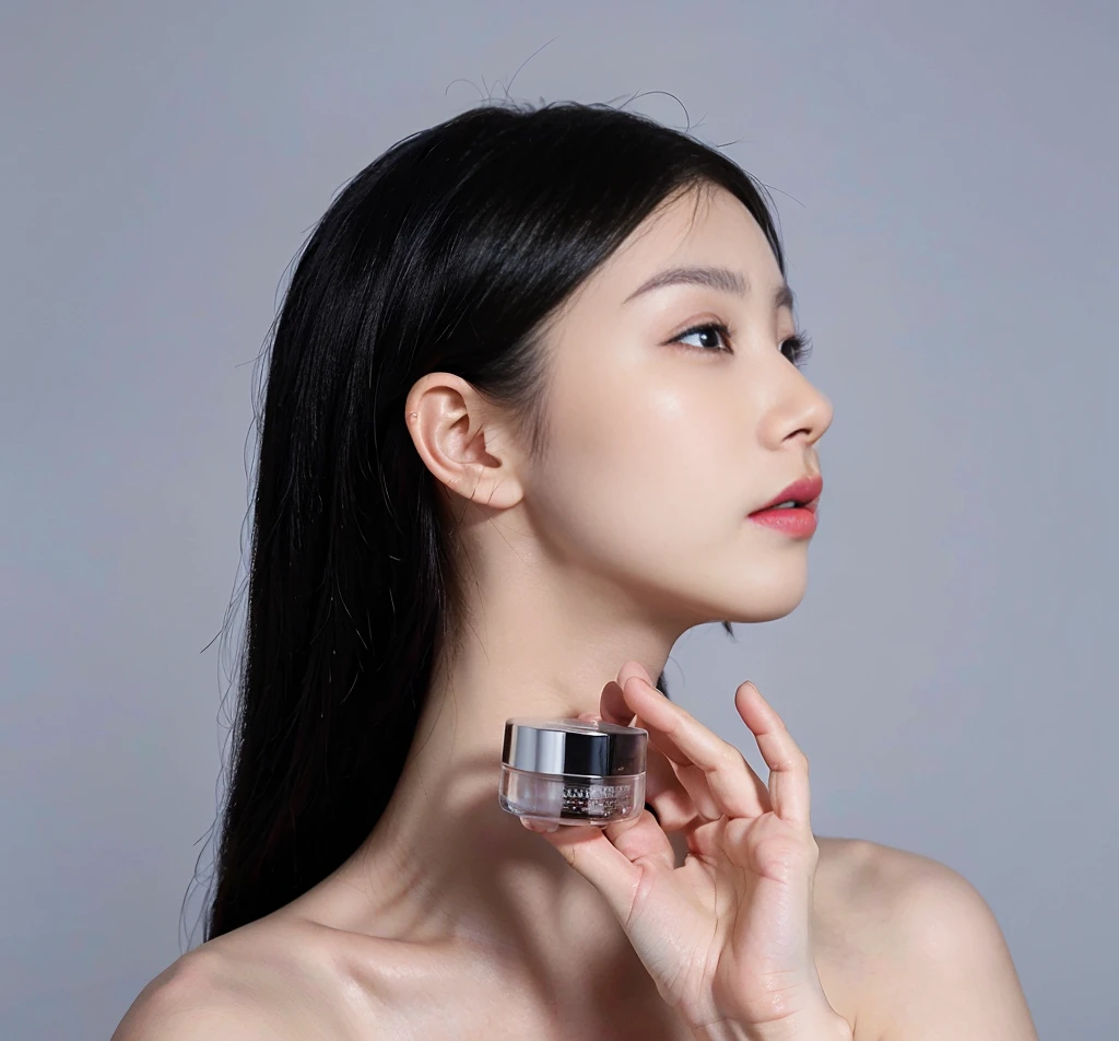 There is a woman holding a small bottle in her hand, Photo shoot for skin care brand, professional product photo, pale milky white porcelain skin, woman with porcelain skin, Porcelain Highlighter Skin, face neck shoulders, Smooth porcelain skin, Milky skin, you used to be, professional product shot, Skin glows, perfect face model, porcelain white skin, Skin glows