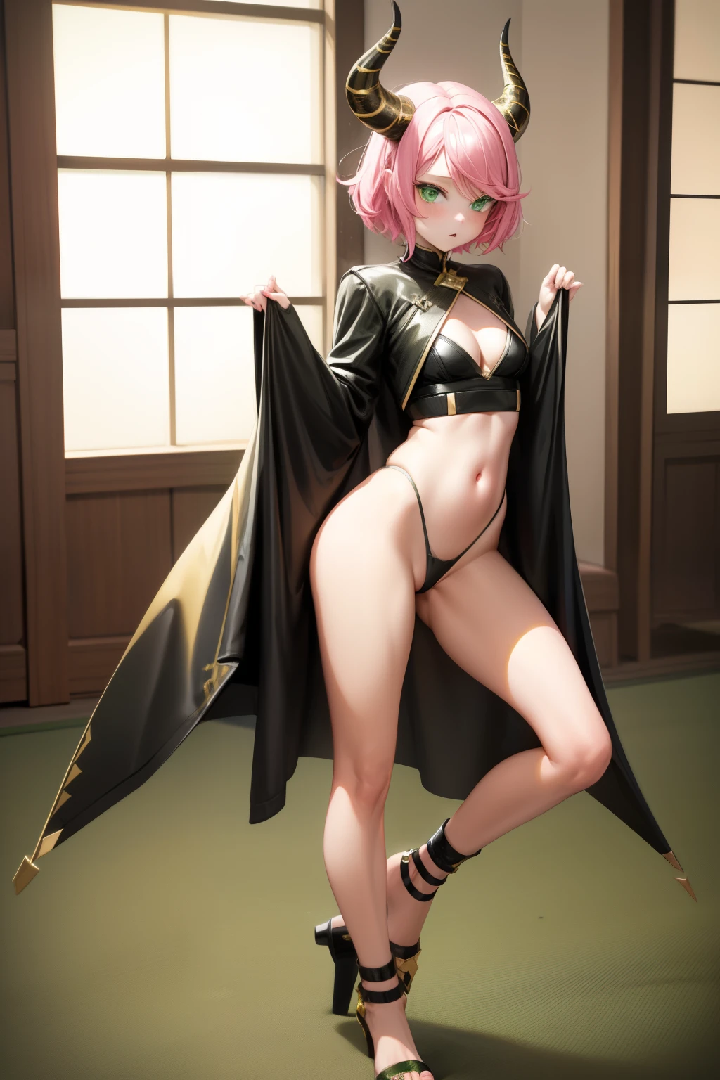 Cute girl, She has short pink hair, small black triangle-like horns, beautiful green eyes, and black and gold clothes,adultgirl,full body, sexy body, sexy, sex,
