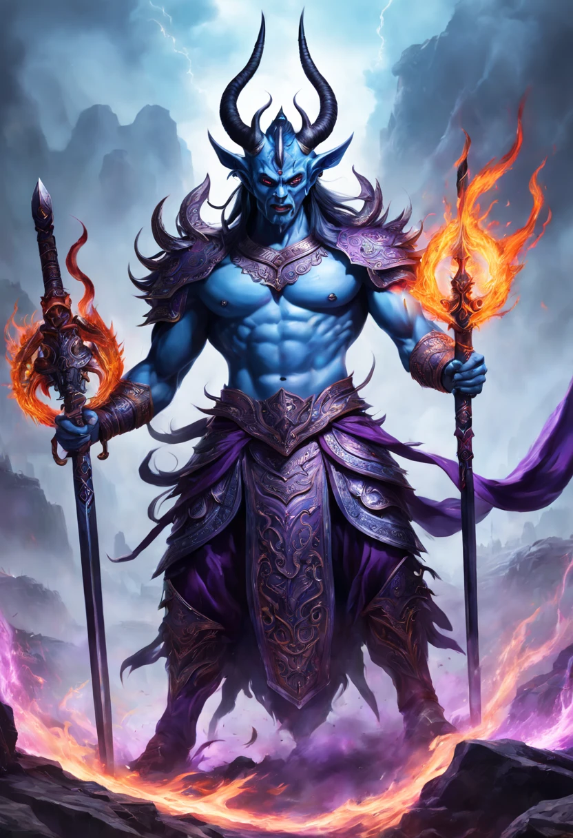 Best quality at best,super-fine,realisticlying:1.37,Chinese mythology,asuras,king of demons,terrible death,Light blue skin,dark sharp eyes,sword in hands,horns on head,fit-muscled body,elegant armor,Elaborate patterns,Glowing aura,Surrounded by purple flames,Deserted battlefield background,Conquer demons and evil spirits,(salama),Divine wrath,majestic and powerful,mythological creatures