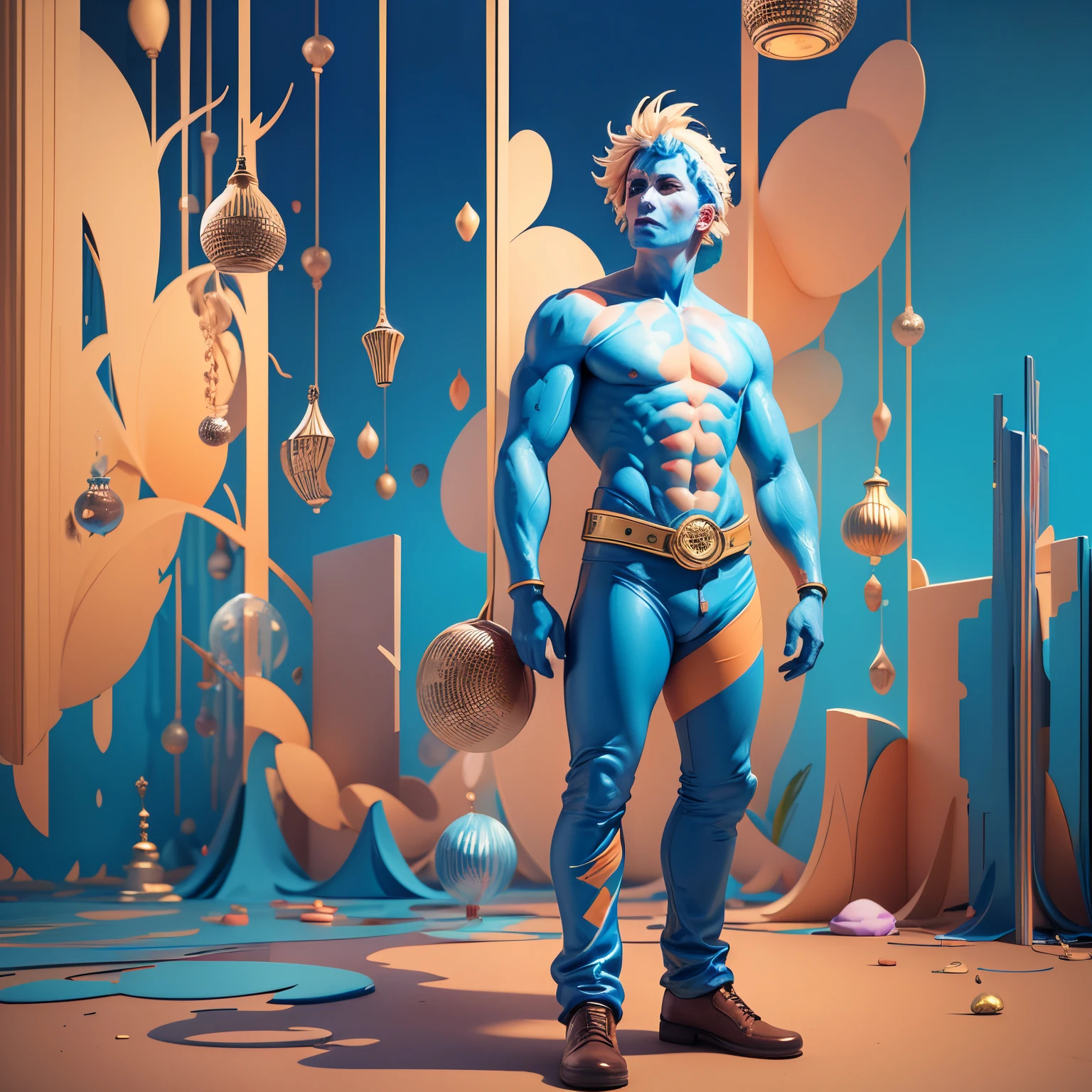 Bookstore, with a blue abstract background, a bright blue man standing in the middle of the background, in the style of dark red and light orange, conceptual album art, celestial, soft and dreamy depictions, emancicore, mind-bending murals, light crimson and gold, rough painting, epicrealism --auto --s2
